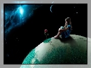 Fantasy, Kosmos, Planety, Dziewczynka, Róża