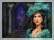 Grafika, Kobieta, Zielony Kapelusz, Biżuteria