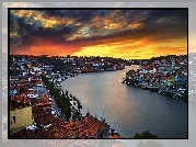 Miasto, Porto, Potugalia, Rzeka, Domy, Chmury, Zachód, Słońca