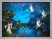 Fantasy, Góry, Jezioro, Drzewa, Noc, Gwiazdy, Elfy, Aniołki, Dziewczyna