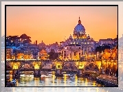 Watykan, Rzym, Most, Anioła, Tybr, Noc, Bazylika, Św. Piotra