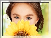Dziewczynka, Oczy, Kwiat, Słonecznik