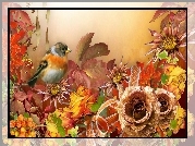 Kwiaty, Liście, Ptaszek, Jesienna, Kompozycja