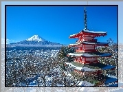 Świątynia, Fudżi, Wulkan, Miasto, Zima, Japonia