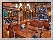 Salon, Drewniane, Ściany, Kominek
