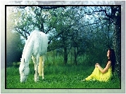 Koń, Dziewczyna, Drzewa, Trawa