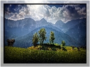 Góry, Las, Chmury,  Łąka, Przebijające, Światło, Austria, HDR