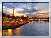 Paryż, Wieża Eiffla, Most, Rzeka, Ulice, Lampy, Oświetlenie
