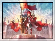 Elsword, Lew, Miasto, Flaga, Czerwony, Zbroja, Niebo, Ptaki