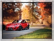 Czerwona, Mazda RX-7, Droga, Drzewa, Jesień