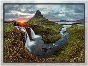 Wodospad, Rzeka, Wschód słońca, Góry, Islandia