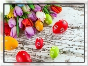 Wielkanoc, Kolorowe, Pisanki, Tulipany, Deska