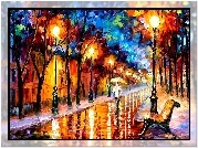 Leonid Afremov, Ulica, Domy, Lampy, Deszcz, Ławka, Alejka