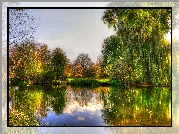 Staw, Park, Drzewa, Jesień