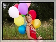 Uśmiechnięta, Blondynka, Kobieta, Kolorowe, Balony, Trawy