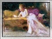 Obraz, Pino Daeni, Kobieta, Sofa, Książka