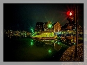 Port, Budynki, Lampa, Blask, Mostki, Woda