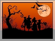 Halloween, Drzewo, Postacie, Dynie, Księżyc, Nietoperze