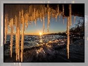 Wschód słońca, Sople, Jezioro Ontario, Kanada