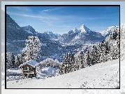 Niemcy, Berchtesgaden, Zima, Góry, Drzewa, Dom, Śnieg