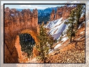 Stany Zjednoczone, Stan Utah, Park Narodowy Bryce Canyon, Kanion, Góry, Drzewa, Łuk Natural Bridge, Skały