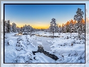 Finlandia, Prowincja Oulu, Rzeka, Wschód słońca, Zima