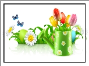 Kompozycja, Wielkanoc, Pisanki, Konewka, Kwiaty, Motylki, Grafika 2D