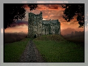 Szkocja, Wzgórze, Zamek Doune Castle, Zachód słońca