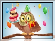 Sowa, Tort, Balony, Urodziny, Grafika 2D