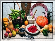 Warzywa, Owoce, Kompozycja, Śliwka, Papryka, Jabłka, Dynia, Borówki, Moździerz