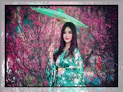 Brunetka, Kobieta, Makijaż, Kimono, Kwiaty,  Parasolka