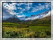 Islandia, Półwysep Westfjords, Góry, Łąki, Pola, Chmury