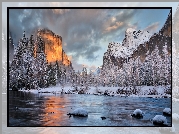 Stany Zjednoczone, Stan Kalifornia, Park Narodowy Yosemite, Zima, Góry, Drzewa, Rzeka