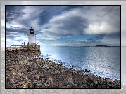 Stany Zjednoczone, Stan Maine, Latarnia morska Portland Breakwater Light, Kamienie, Morze, Tęcza