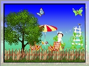 Grafika, Ogród, Drzewo, Motylki, Płot, Parasol, Stolik, Krzesła