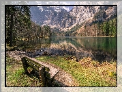 Austria, Jezioro Hintere Langbathsee, Góry Alpy, Drzewa, Ławeczka