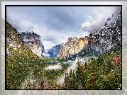 Stany Zjednoczone, Stan Kalifornia, Park Narodowy Yosemite, Dolina Yosemite Valley, Góry, Las, Mgła