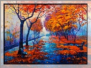 Obraz, Jesień, Park, Drzewa, Ławki