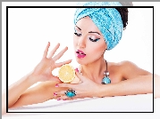 Kobieta, Makijaż, Turban, Biżuteria, Cytryna