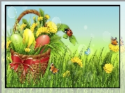 Grafika 2D, Wielkanoc, Trawa, Kwiaty, Koszyk, Pisanki