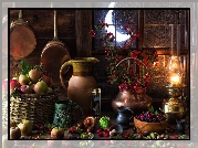 Kompozycja, Dzban, Patelnie, Lampa, Naftowa, Księżyc, Okno