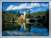 Jezioro, Bohinj, Most, Kościół, Las