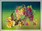Grafika, Vintage, Kosz, Owoce, Winogrona, Brzoskwinie, Kwiaty, Róże