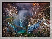 Chorwacja, Plitvice, Park Narodowy Jezior Plitwickich, Wodospad, Góry, Skały, Jeziora, Krzewy