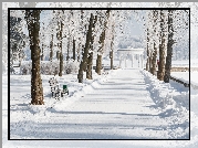 Park, Śnieg, Ławka, Alejka