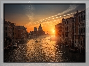 Włochy, Wenecja, Canal Grande, Zachód słońca, Budynki, Łodzie