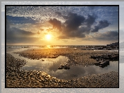 Plaża Dunraven Bay, Walia, Morze, Zachód słońca