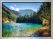 Chiny, Park Narodowy Jiuzhaigou, Jezioro Arrow Bamboo, Góry, Lasy,  Drzewa