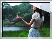 Dziewczyna, Parasol, Łąka, Deszcz
