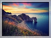 Anglia, Morze, Wybrzeże Jurajskie, Łuk wapienny Durdle Door, Zachód słońca, Skały, Plaża